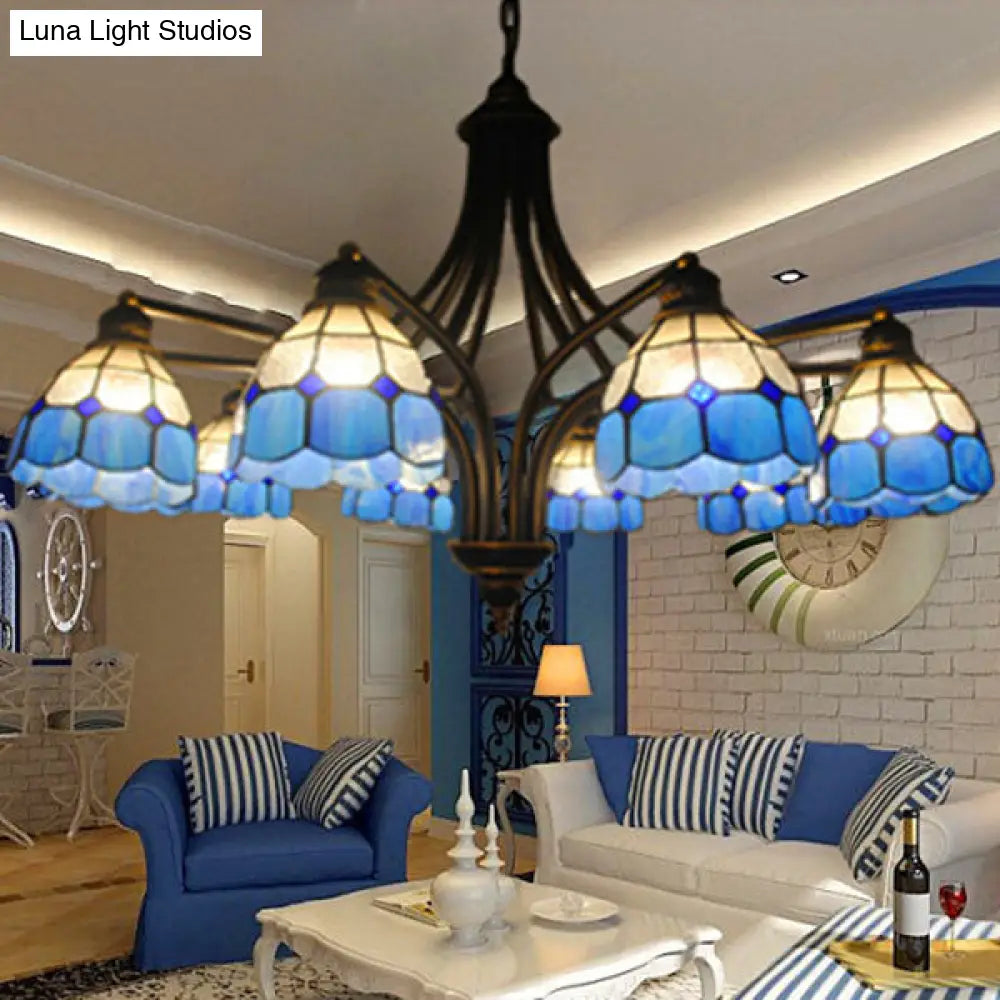 Mediterranean Dome Chandelier - 8-Light Blue Glass Ceiling Pendant For Dining Table