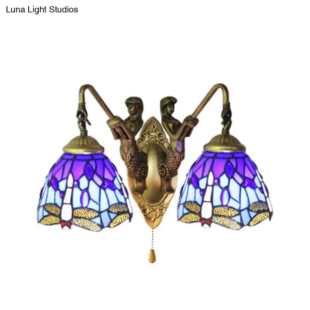 Blue Glass Dragonfly Tiffany Wall Lamp With Pull Chain - 2-Headed Brass Sconce Light