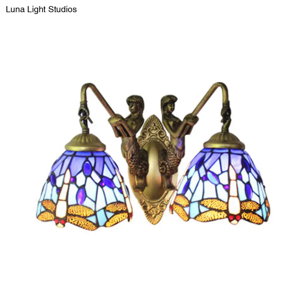 Blue Glass Dragonfly Tiffany Wall Lamp With Pull Chain - 2-Headed Brass Sconce Light