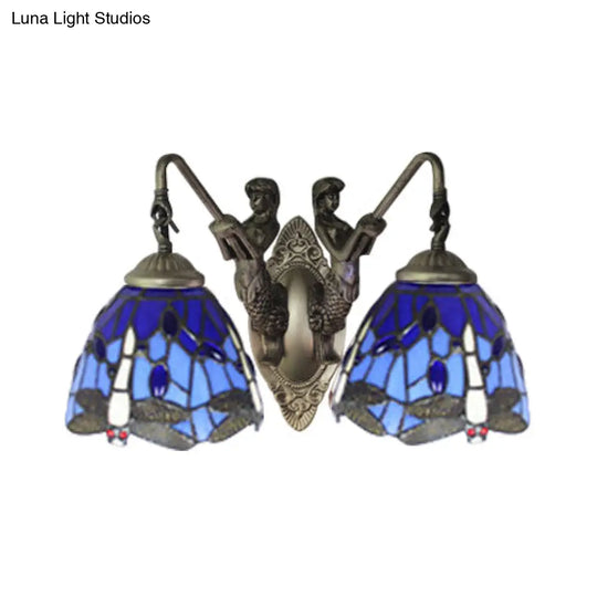 Blue Glass Dragonfly Tiffany Wall Lamp With Pull Chain - 2-Headed Brass Sconce Light