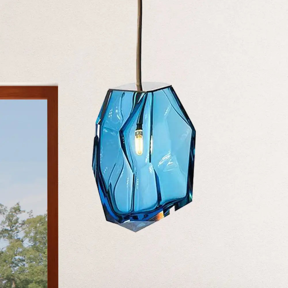 Blue Glass Gem Pendant Light - Contemporary Ceiling Fixture For Bedroom With 1 Head