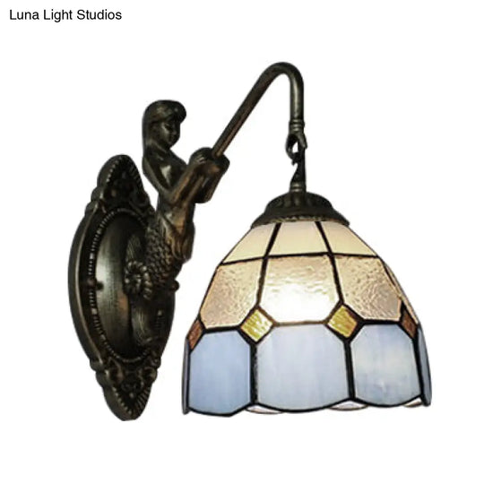 Blue Glass Grid Wall Mount Tiffany Antique Brass Sconce Light