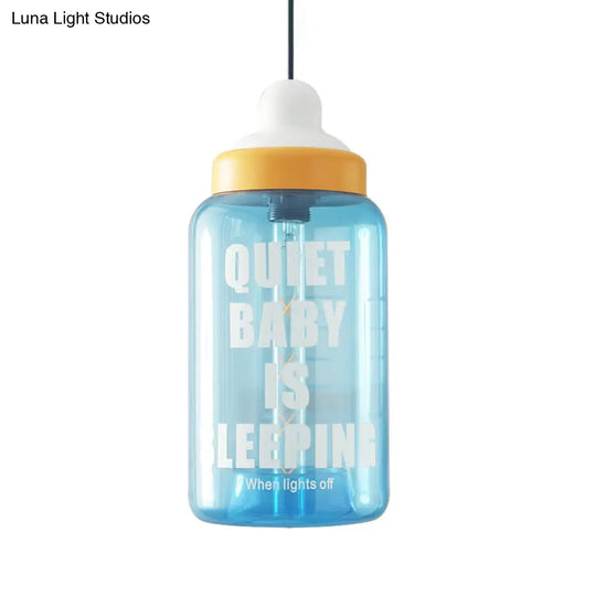 Blue Glass Kids Style Milk Bottle Pendant - 1-Head Baby Room Hanging Ceiling Light