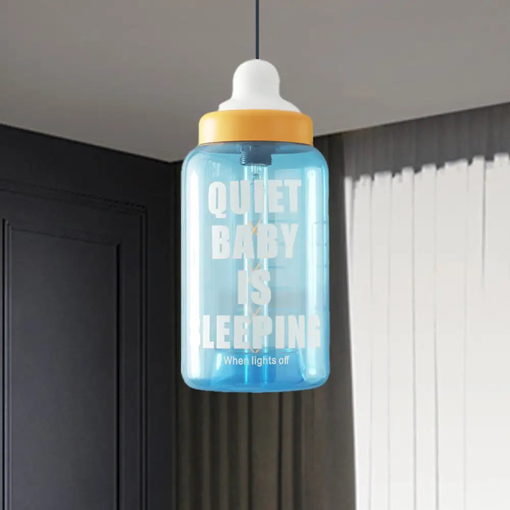 Blue Glass Kids Style Milk Bottle Pendant - 1-Head Baby Room Hanging Ceiling Light