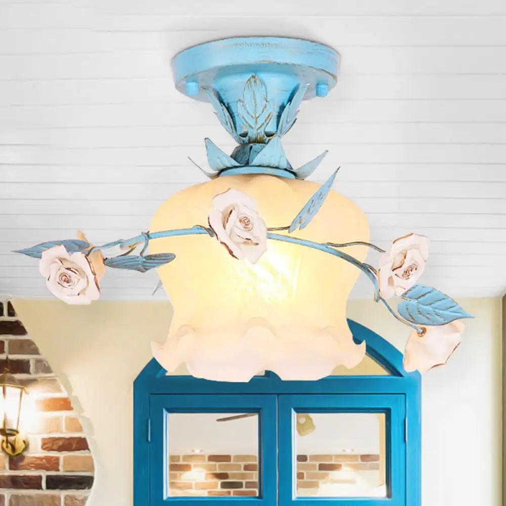Blue Glass Korean Garden Flush Light With Blossom Design - Semi-Mounted Single Bulb Entry Fixture