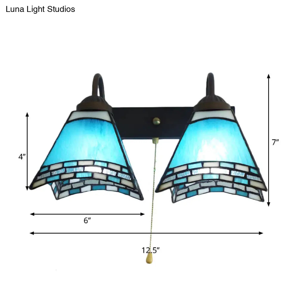 Blue Glass Mediterranean Wall Sconce With Dual Heads And Pull Chain Switch