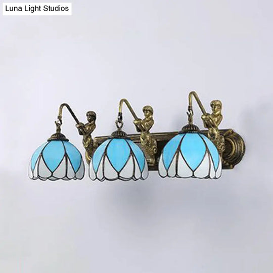 Blue Glass Mermaid Sconce Lighting - 3-Head Mediterranean Dome Wall Light Fixture