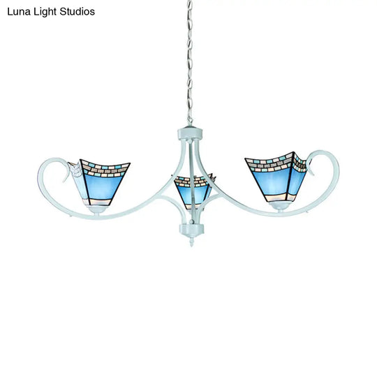 Blue Glass Nautical Pyramid Pendant With 3 Lights For Dining Room