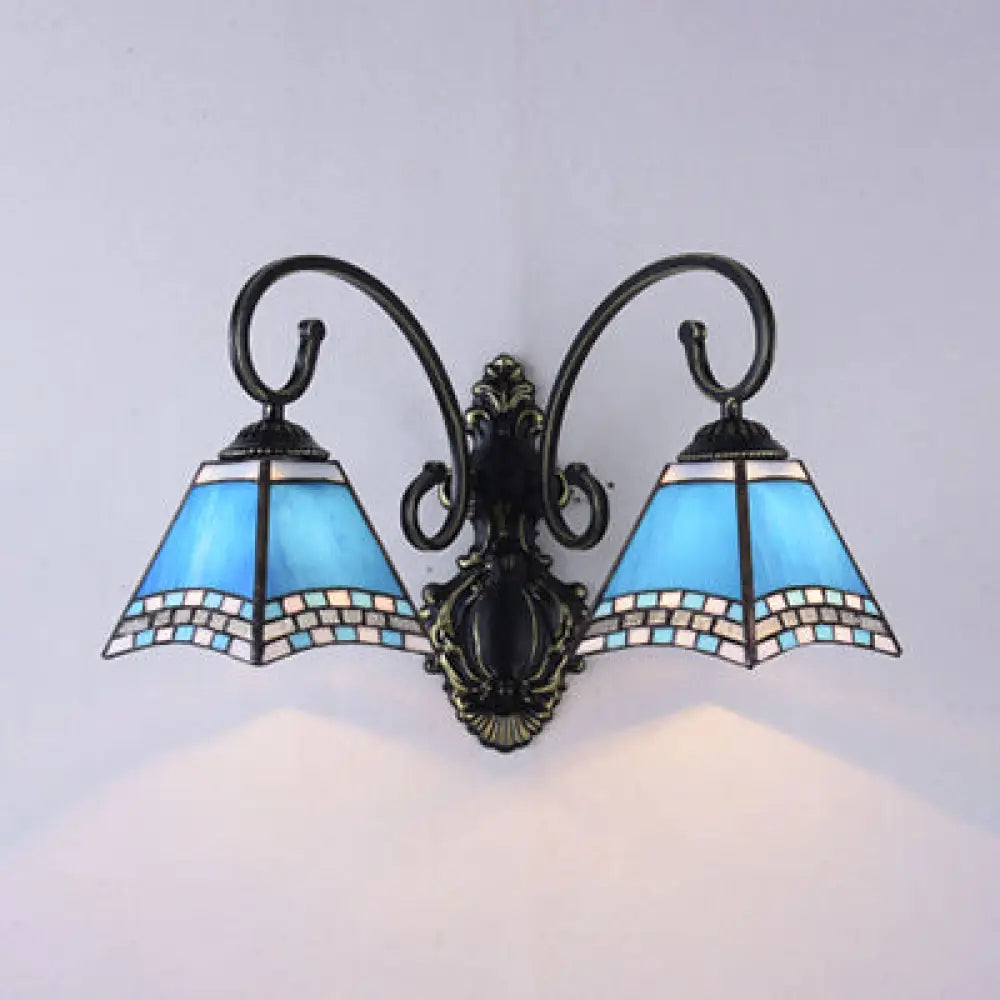 Blue Glass Nautical Wall Sconce Light With Pyramid Design For Bathrooms - 2 Lights