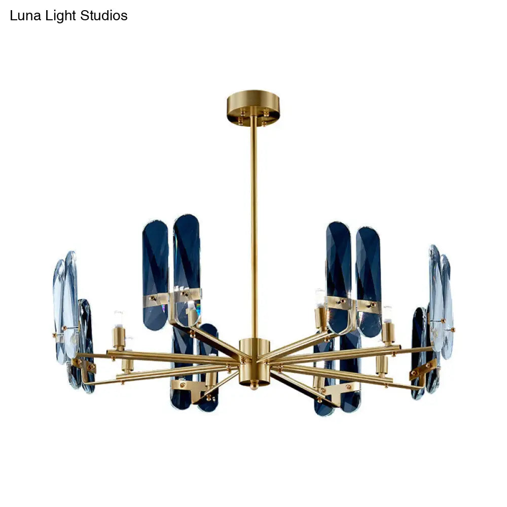 Blue Glass Oval Panel Led Chandelier Lamp With Radial Design - Postmodern 8 Bulbs Brass Hanging