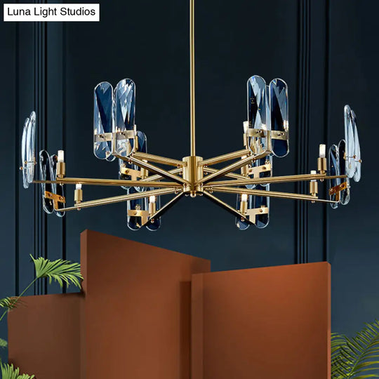 Blue Glass Oval Panel Led Chandelier Lamp With Radial Design - Postmodern 8 Bulbs Brass Hanging