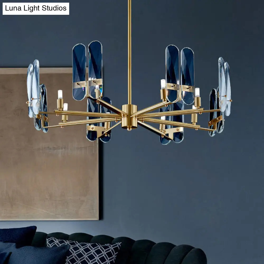 Blue Glass Oval Panel Ceiling Light: Postmodern Brass Led Chandelier Lamp With Radial Design