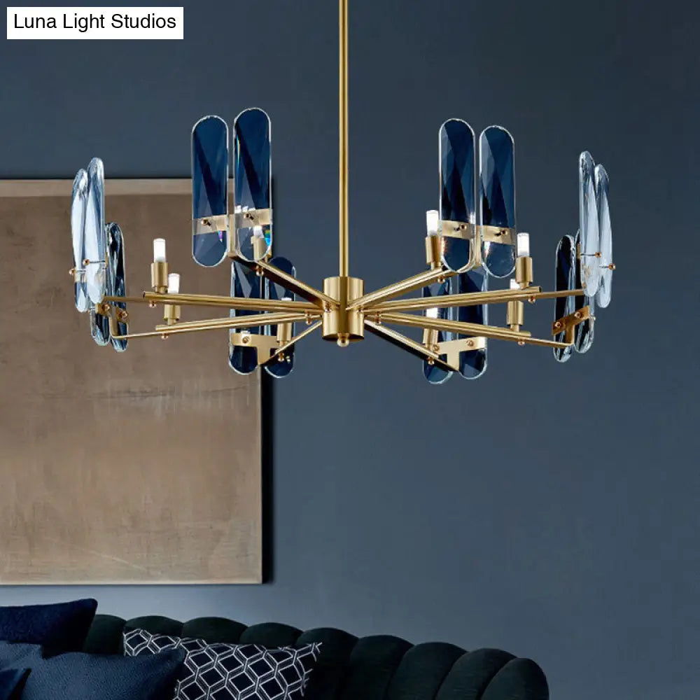 Blue Glass Oval Panel Led Chandelier Lamp With Radial Design - Postmodern 8 Bulbs Brass Hanging