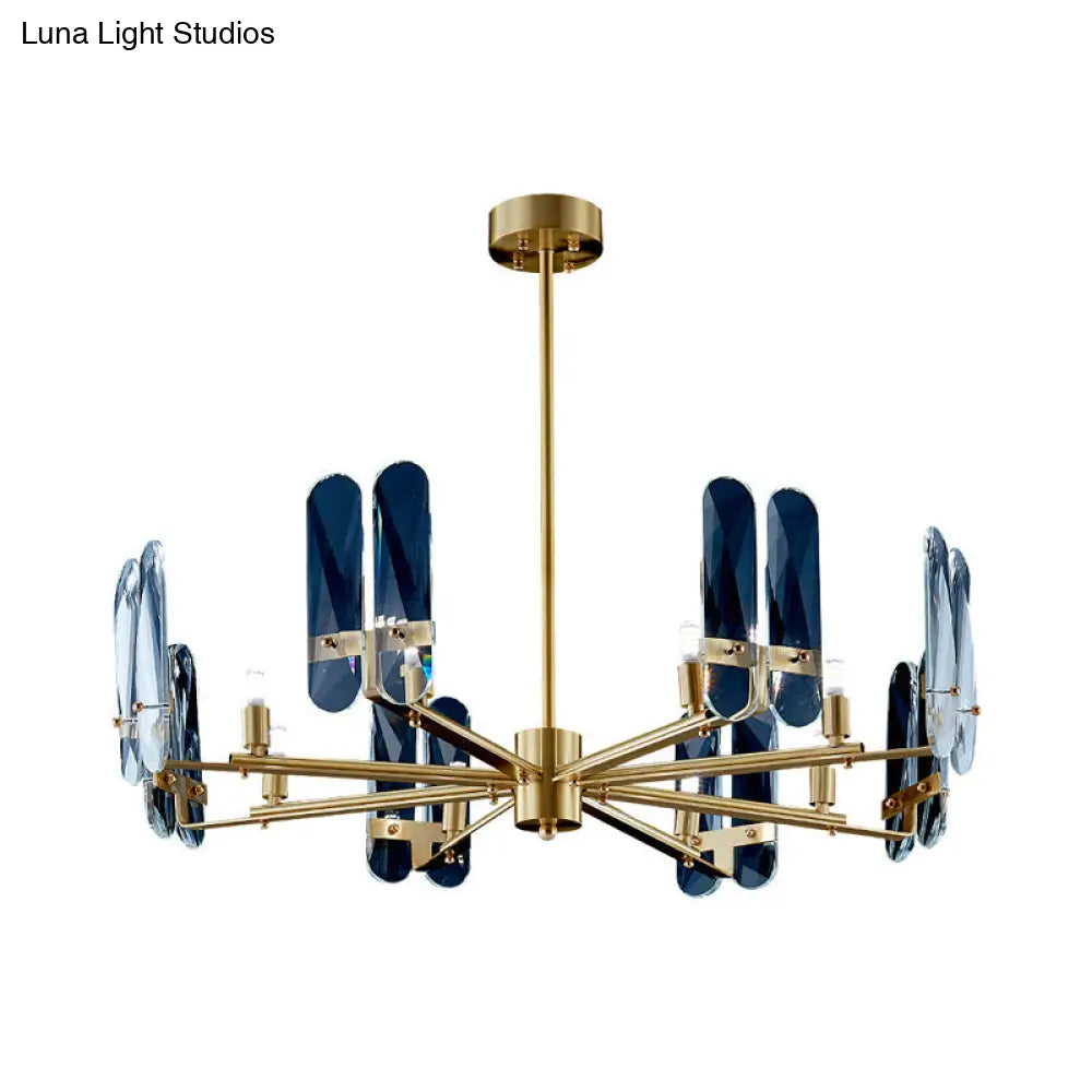 Blue Glass Oval Panel Ceiling Light: Postmodern Brass Led Chandelier Lamp With Radial Design