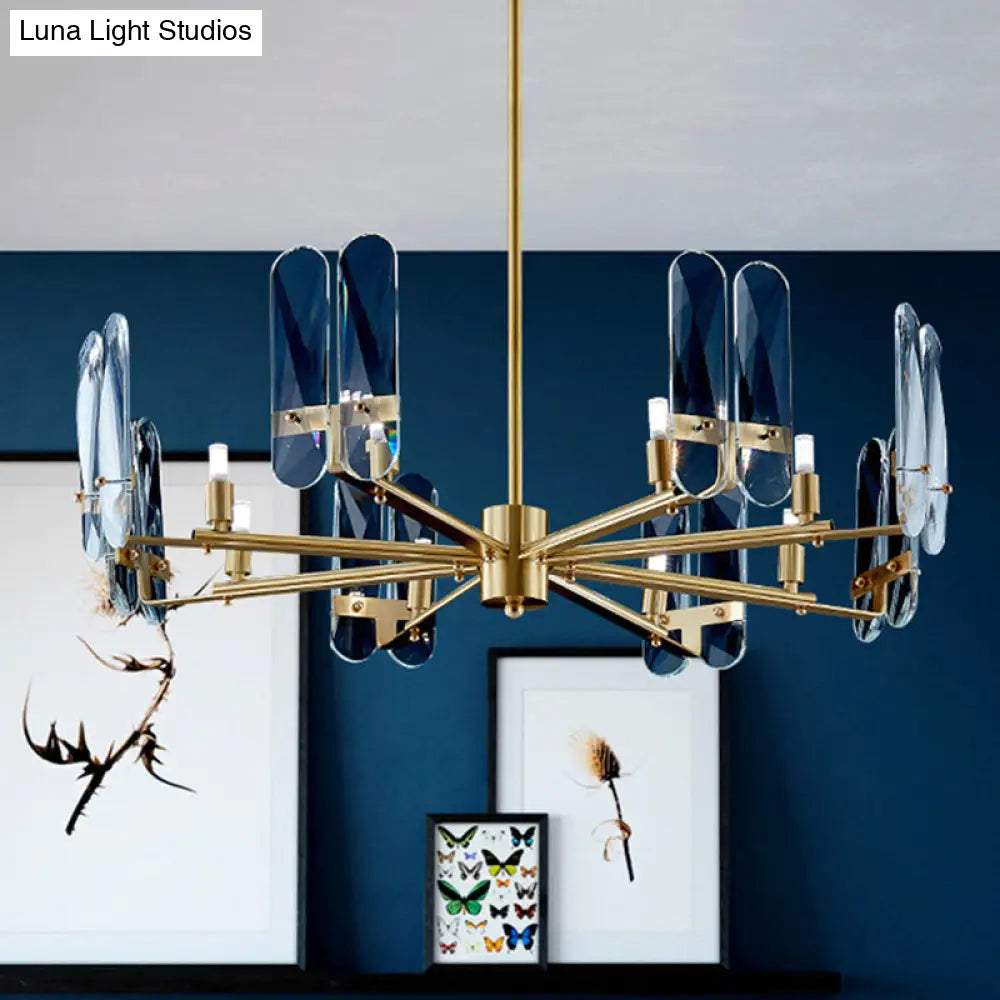 Blue Glass Oval Panel Led Chandelier Lamp With Radial Design - Postmodern 8 Bulbs Brass Hanging