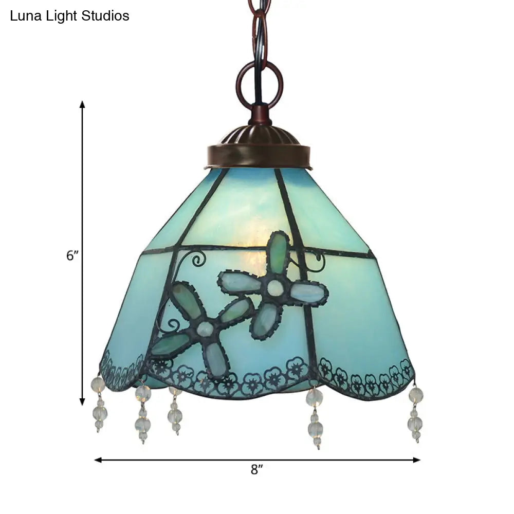 Blue Glass Pendant Lamp With Beaded Trim - Mission Bell Hanging Light