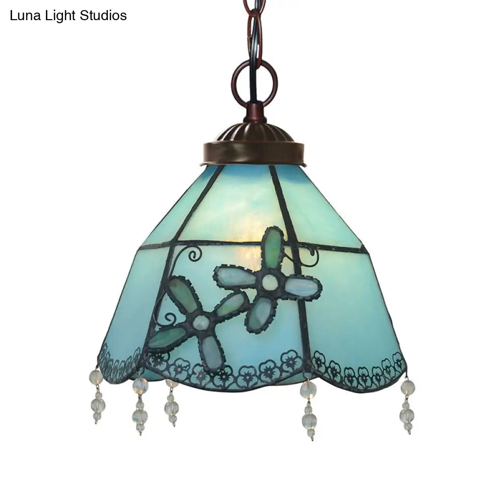 Blue Glass Pendant Lamp With Beaded Trim - Mission Bell Hanging Light