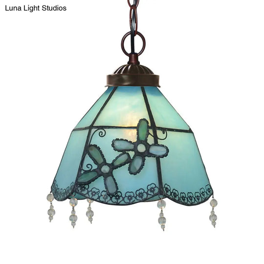 Blue Glass Pendant Lamp With Beaded Trim - Mission Bell Hanging Light