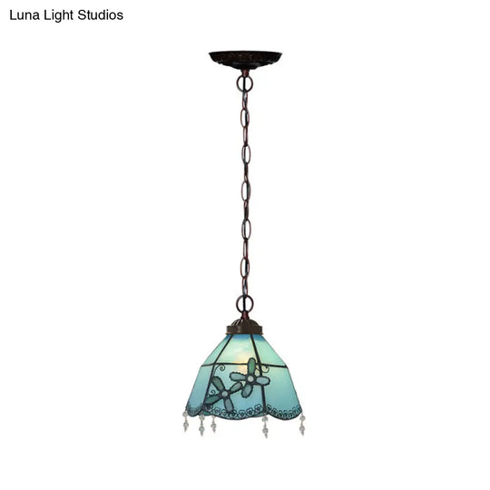 Blue Glass Pendant Lamp With Beaded Trim - Mission Bell Hanging Light