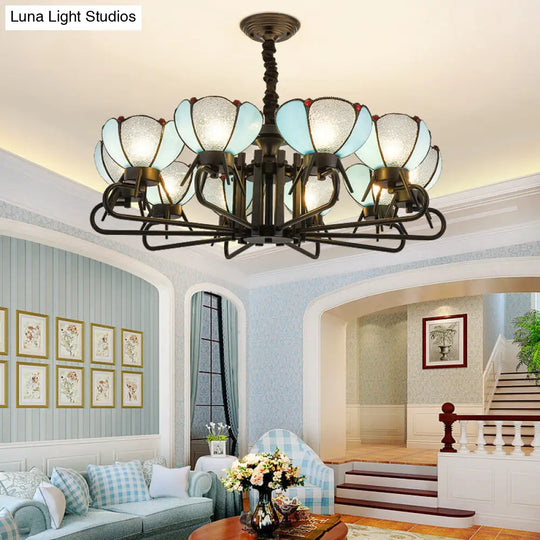 Blue Glass Petal Chandelier With Tiffany Suspension Light For Living Room