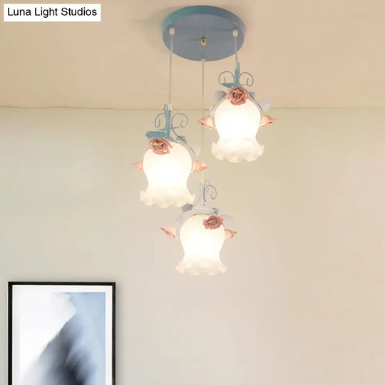 Blue Glass Rose Pendant With 3 Bulbs - Elegant Dining Room Lighting Fixture