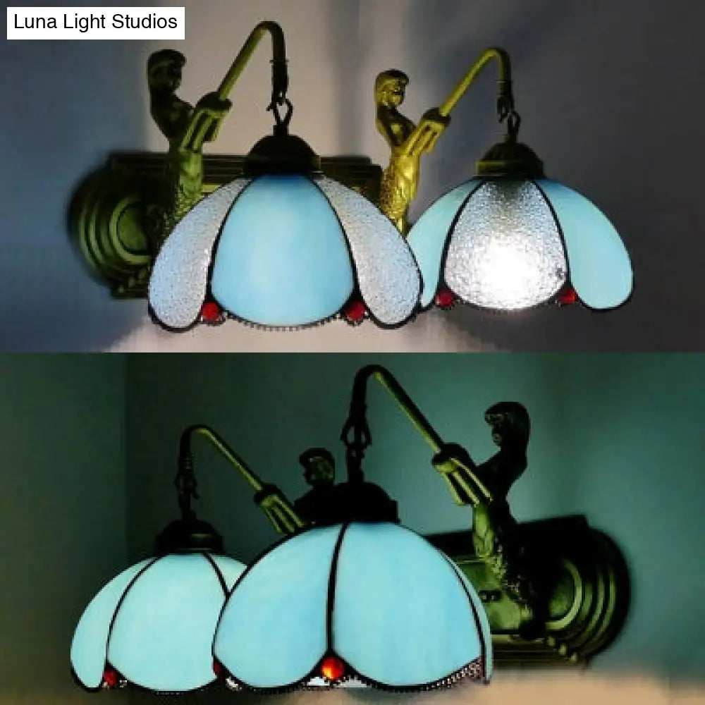 Blue Glass Sconce Light With Mermaid Backplate - 2-Head Petal Wall Mount Mediterranean Style