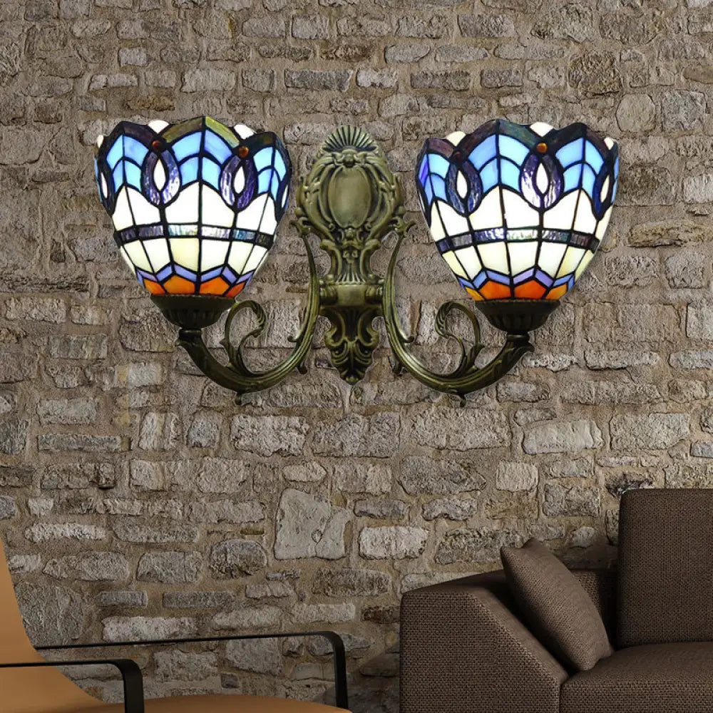 Blue Glass Shade Baroque Dome Wall Lamp: Curved Arm With 2 Lights Ideal For Bedroom Sconce Lighting