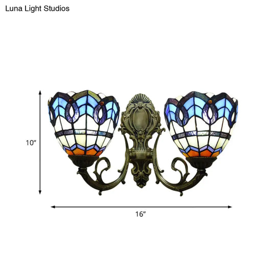 Blue Glass Shade Baroque Dome Wall Lamp: Curved Arm With 2 Lights Ideal For Bedroom Sconce Lighting