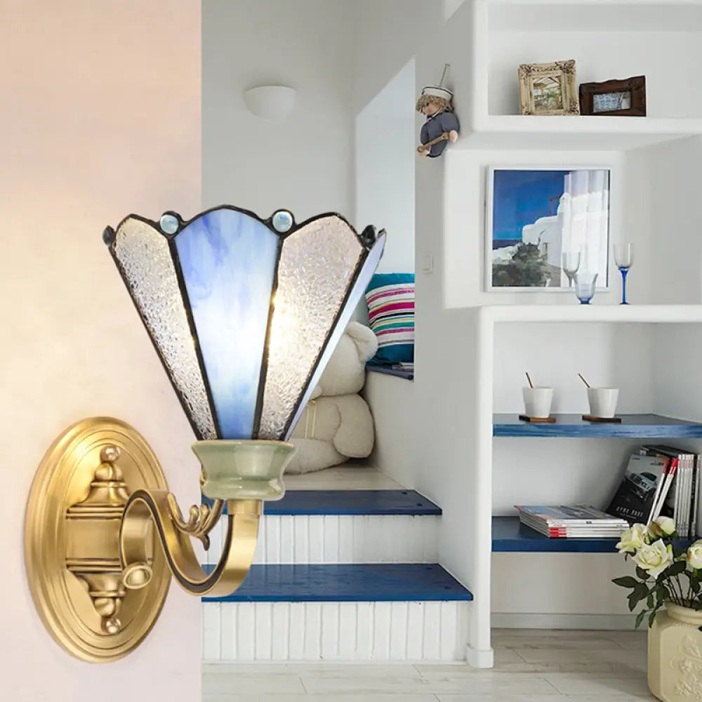 Blue Glass Tiffany Style Wall Lamp - Gold Finish Ideal For Corridor Lighting