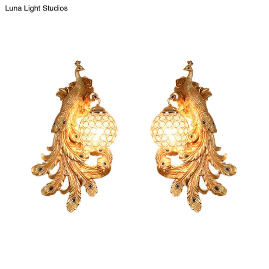 Blue/Gold Peacock Wall Lamp - Country Resin Sconce Lighting With Crystal Globe Shade (1/2-Pack)