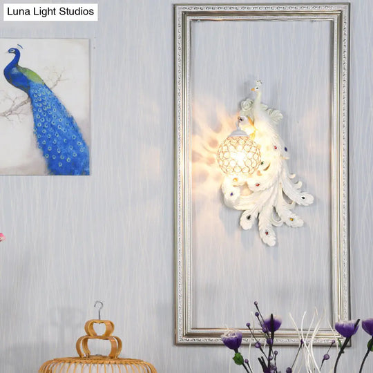 Blue/Gold Peacock Wall Lamp - Country Resin Sconce Lighting With Crystal Globe Shade (1/2-Pack)