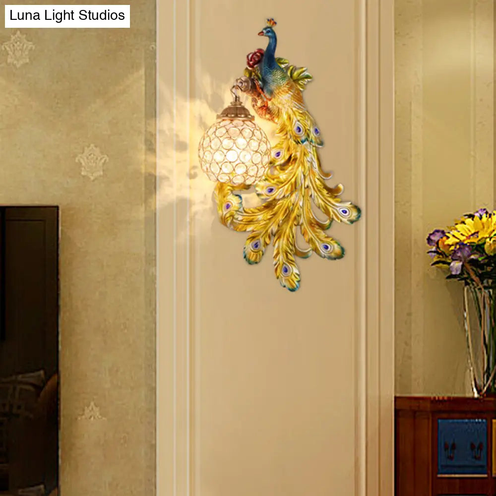 Blue/Gold Peacock Wall Lamp - Country Resin Sconce Lighting With Crystal Globe Shade (1/2-Pack)