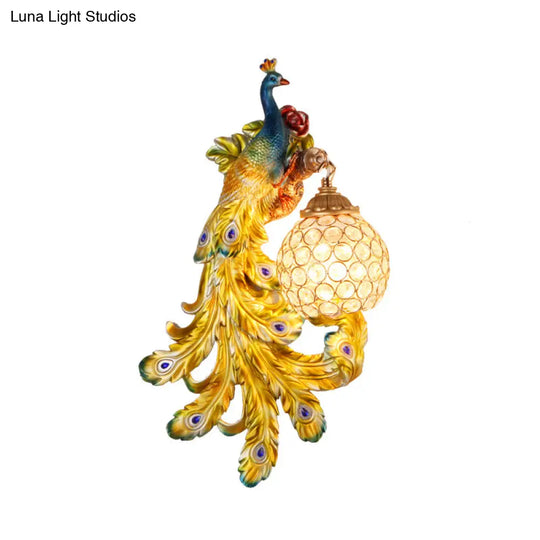 Blue/Gold Peacock Wall Lamp - Country Resin Sconce Lighting With Crystal Globe Shade (1/2-Pack)