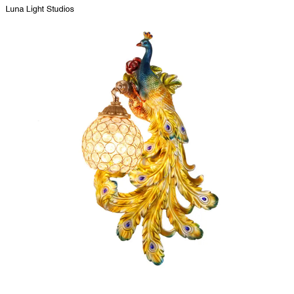 Blue/Gold Peacock Wall Lamp - Country Resin Sconce Lighting With Crystal Globe Shade (1/2-Pack)