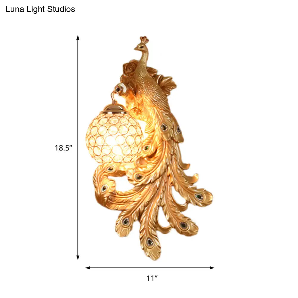 Blue/Gold Peacock Wall Lamp - Country Resin Sconce Lighting With Crystal Globe Shade (1/2-Pack)