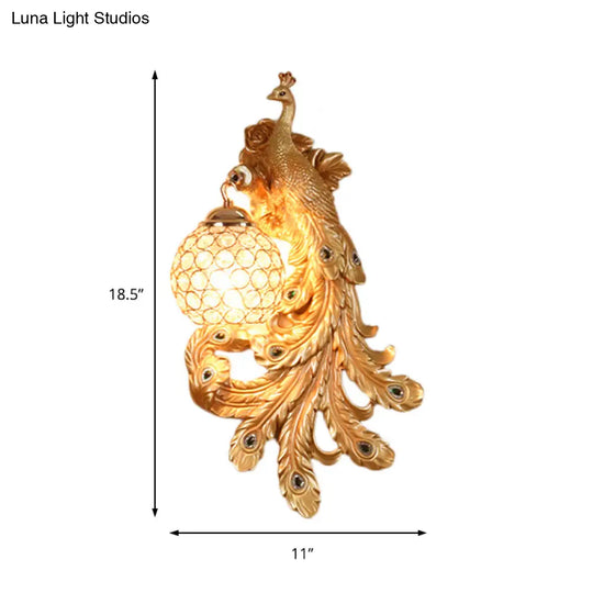 Blue/Gold Peacock Wall Lamp - Country Resin Sconce Lighting With Crystal Globe Shade (1/2-Pack)