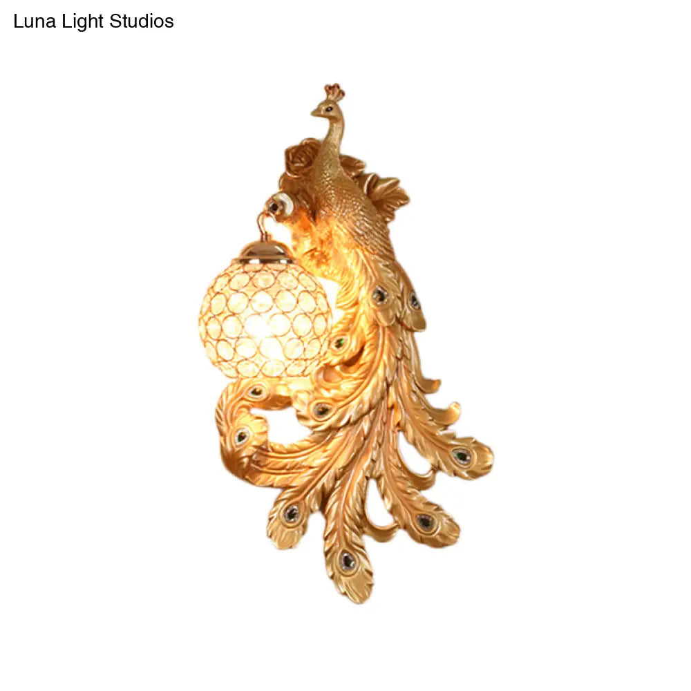 Blue/Gold Peacock Wall Lamp - Country Resin Sconce Lighting With Crystal Globe Shade (1/2-Pack)