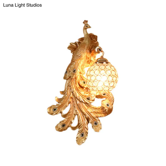 Blue/Gold Peacock Wall Lamp - Country Resin Sconce Lighting With Crystal Globe Shade (1/2-Pack)