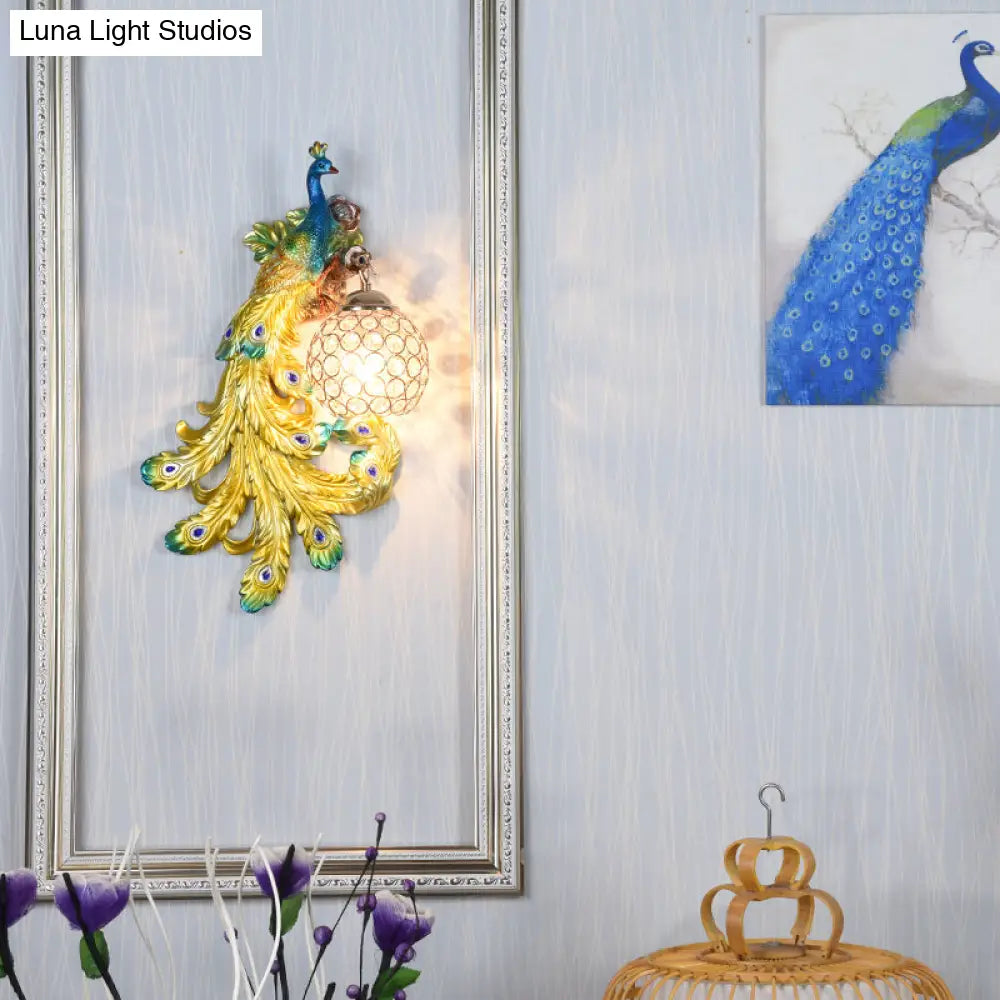 Blue/Gold Peacock Wall Lamp - Country Resin Sconce Lighting With Crystal Globe Shade (1/2-Pack)