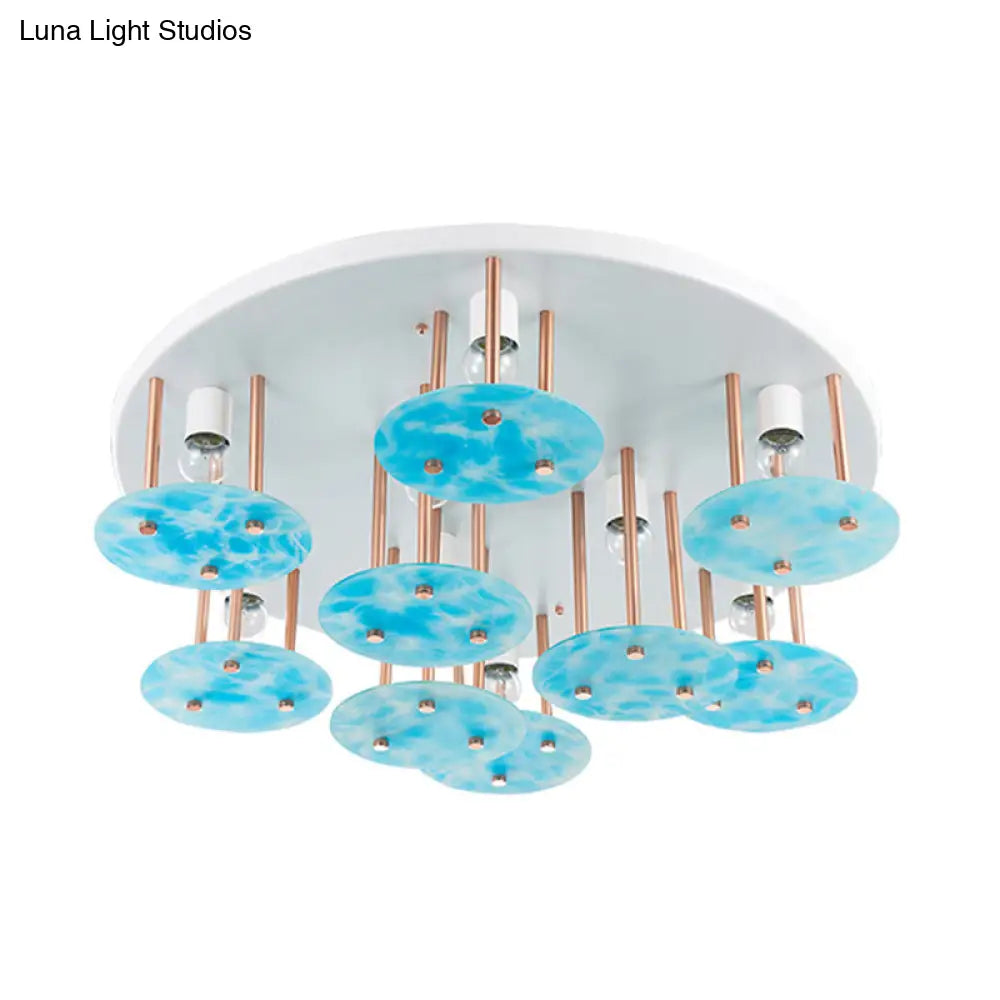 Blue Gradient Glass 9 - Head Semi Flush Kids Ceiling Mount Light With White And Gold Finish