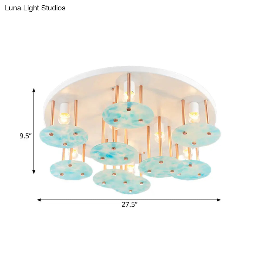 Blue Gradient Glass 9-Head Semi Flush Kids Ceiling Mount Light With White And Gold Finish