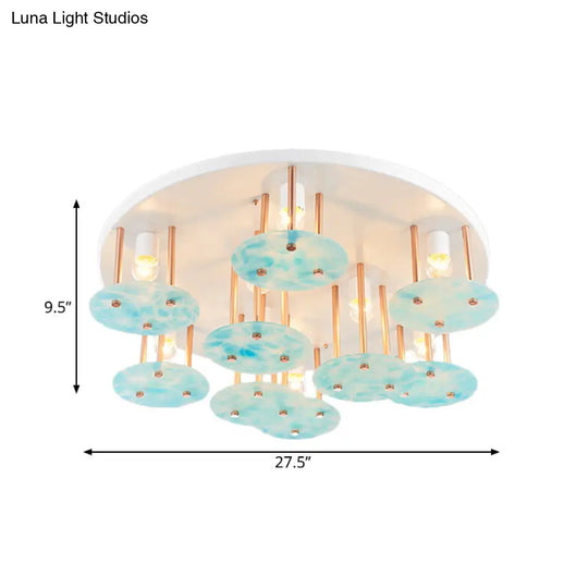 Blue Gradient Glass 9-Head Semi Flush Kids Ceiling Mount Light With White And Gold Finish