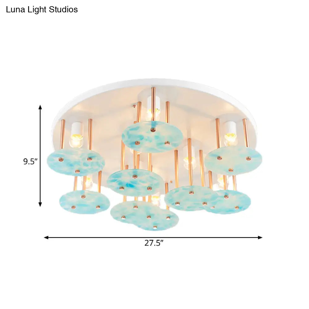 Blue Gradient Glass 9 - Head Semi Flush Kids Ceiling Mount Light With White And Gold Finish