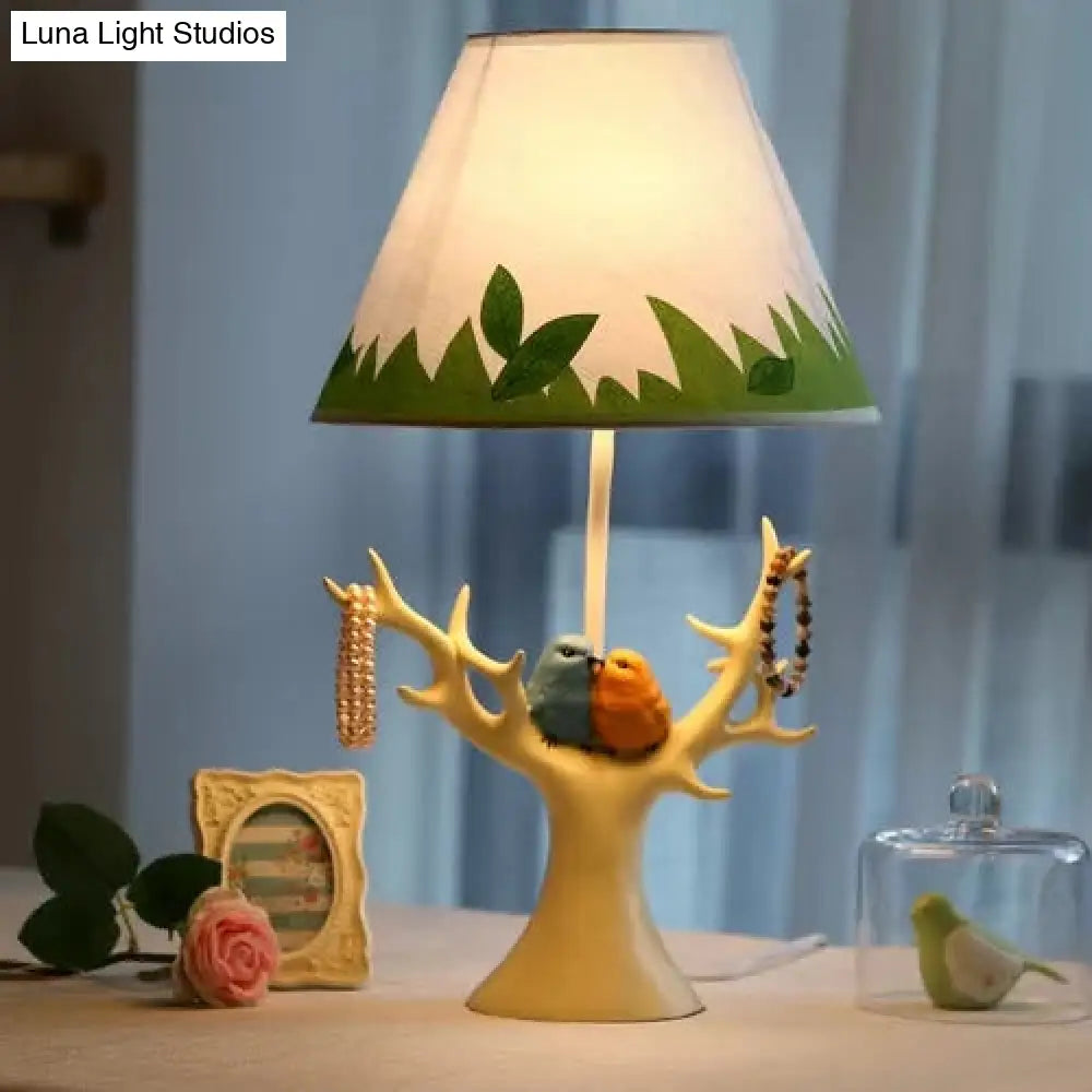 Blue Grass Desk Light: Rustic Resin Lamp For Kids Bedroom - Bird & Tree Design 1-Bulb