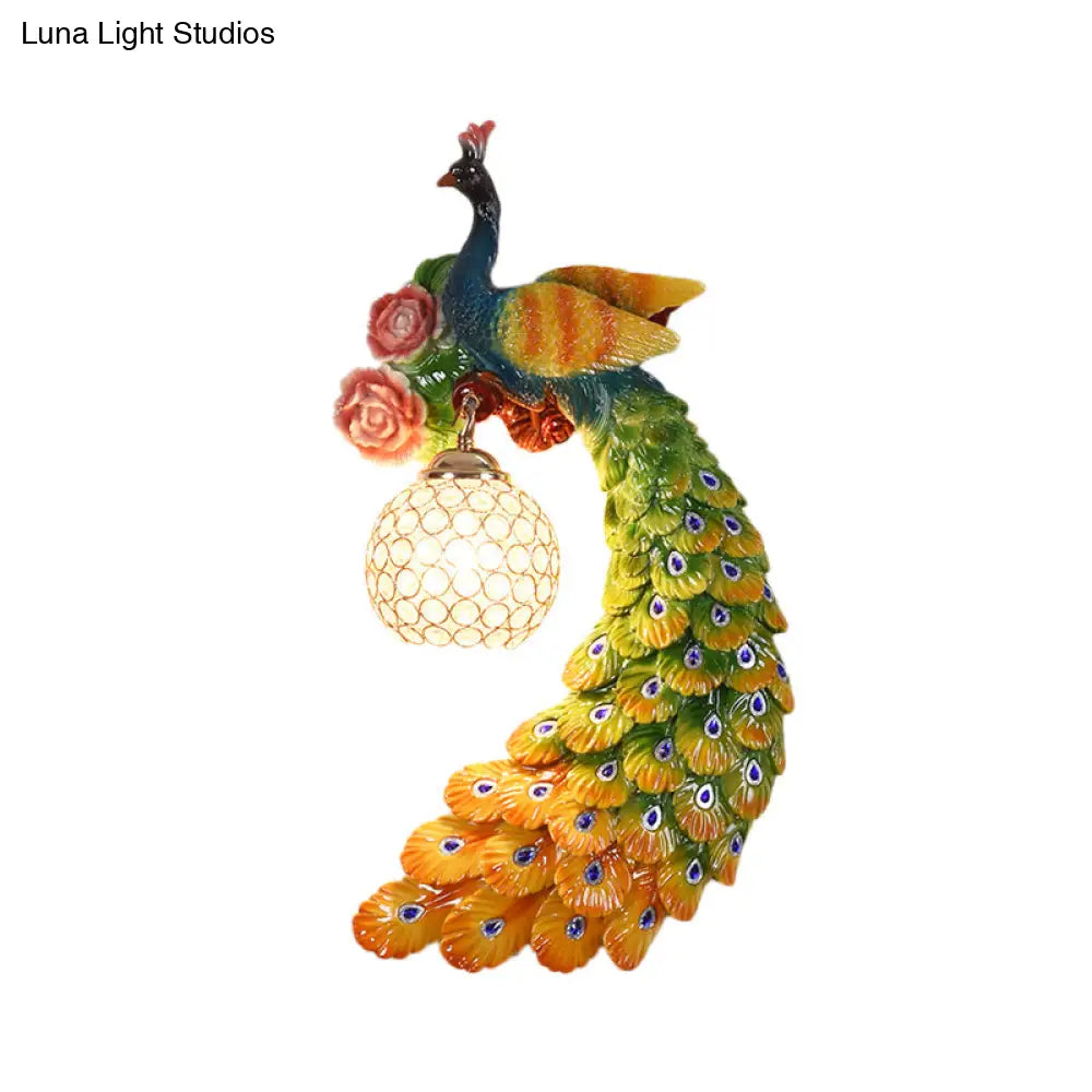 Blue/Green Peacock Wall Light Fixture - 1/2-Pack Retro Style Resin Lamp With Crystal Global Shade