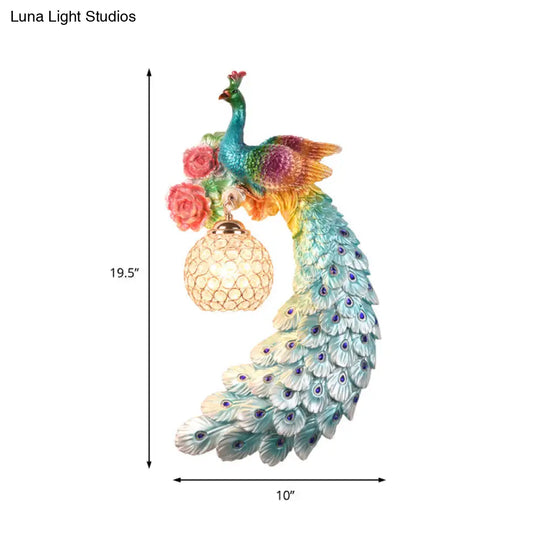 Blue/Green Peacock Wall Light Fixture - 1/2-Pack Retro Style Resin Lamp With Crystal Global Shade