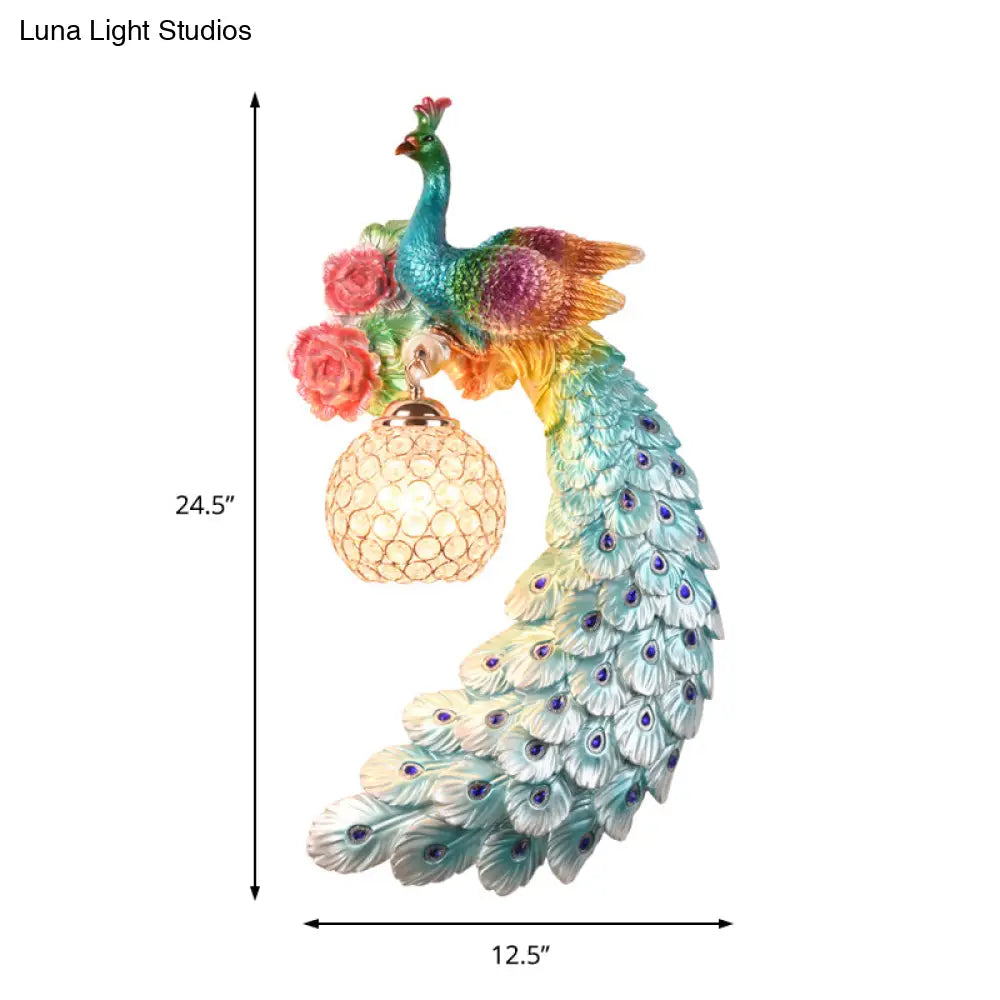 Blue/Green Peacock Wall Light Fixture - 1/2-Pack Retro Style Resin Lamp With Crystal Global Shade