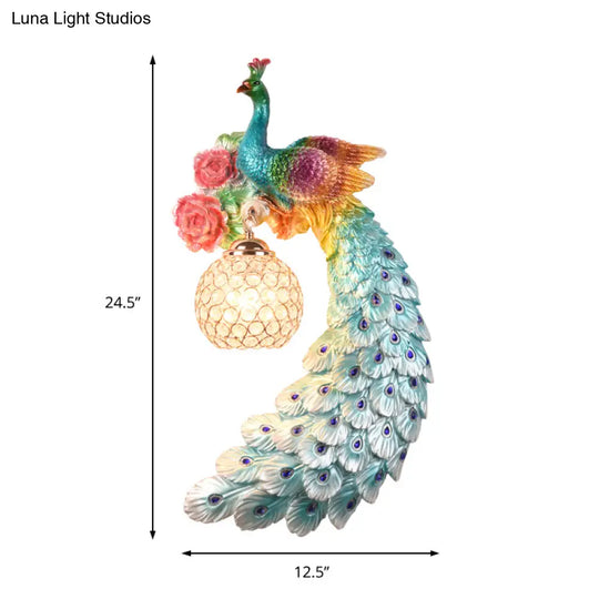 Blue/Green Peacock Wall Light Fixture - 1/2-Pack Retro Style Resin Lamp With Crystal Global Shade