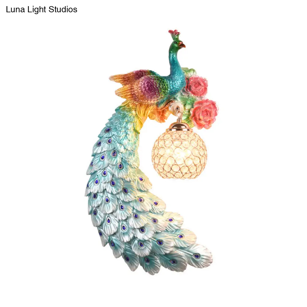 Blue/Green Peacock Wall Light Fixture - 1/2-Pack Retro Style Resin Lamp With Crystal Global Shade