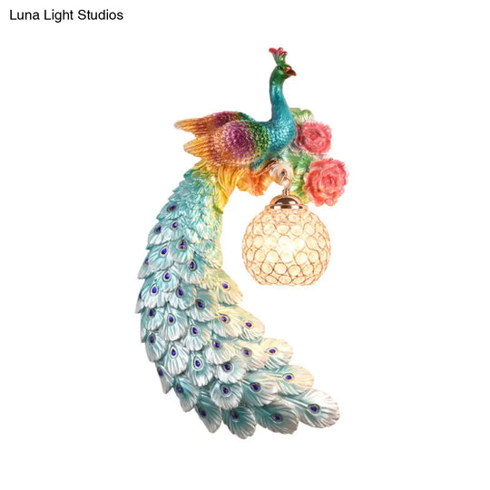 Blue/Green Peacock Wall Light Fixture - 1/2-Pack Retro Style Resin Lamp With Crystal Global Shade